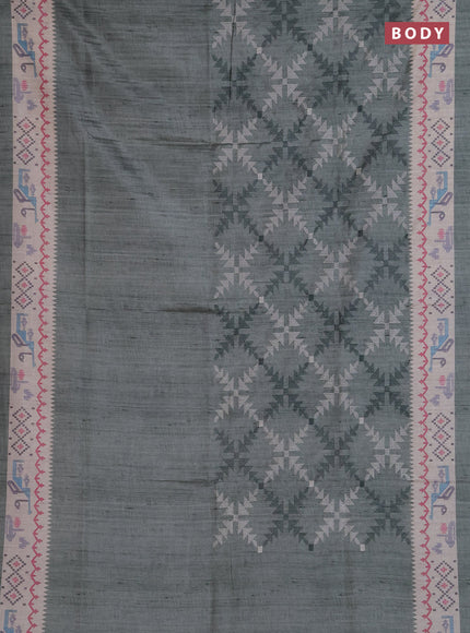 Art tussar saree pastel green and cream with allover embroidery work and printed border