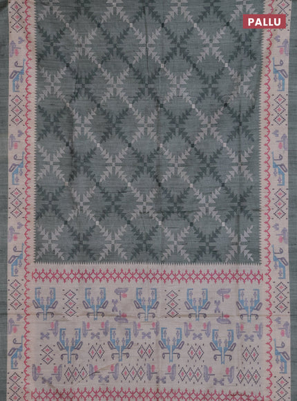 Art tussar saree pastel green and cream with allover embroidery work and printed border