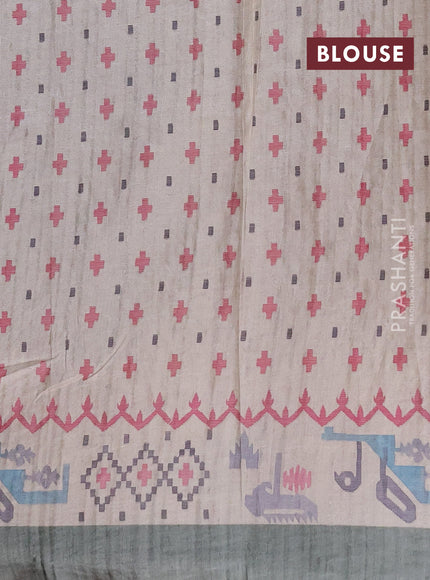 Art tussar saree pastel green and cream with allover embroidery work and printed border