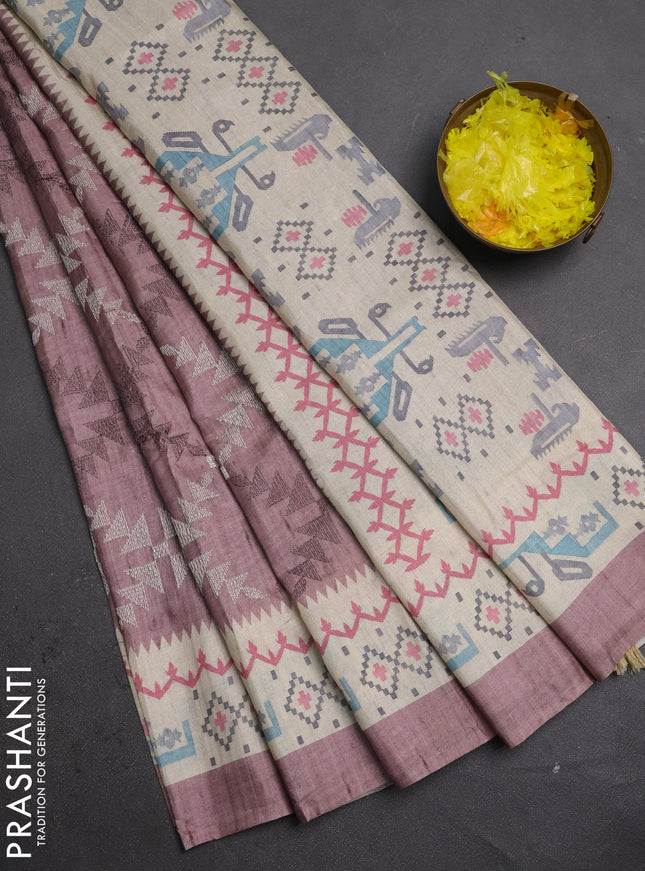 Art tussar saree rosy brown and cream with allover embroidery work and printed border