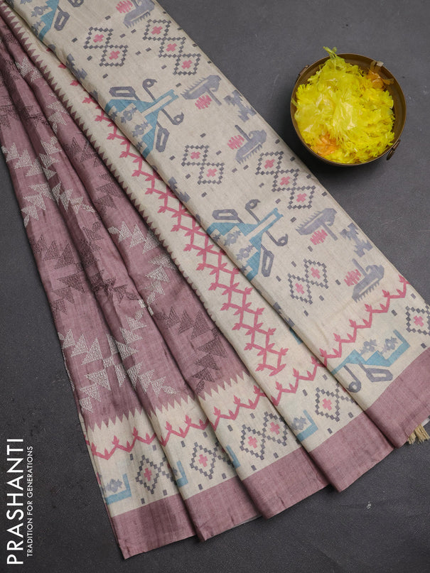Art tussar saree rosy brown and cream with allover embroidery work and printed border