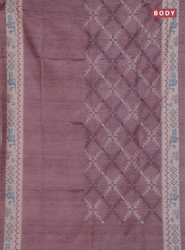 Art tussar saree rosy brown and cream with allover embroidery work and printed border
