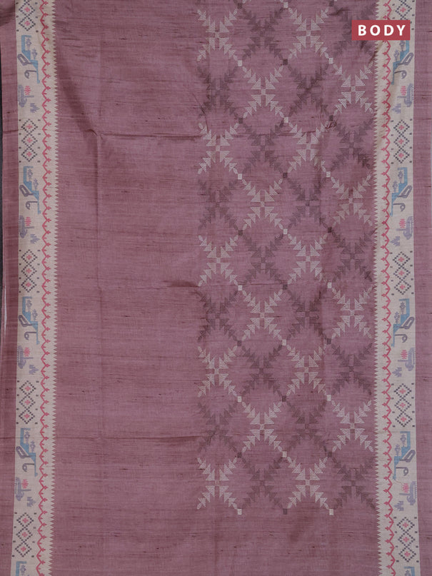 Art tussar saree rosy brown and cream with allover embroidery work and printed border
