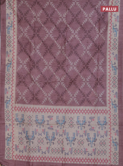 Art tussar saree rosy brown and cream with allover embroidery work and printed border