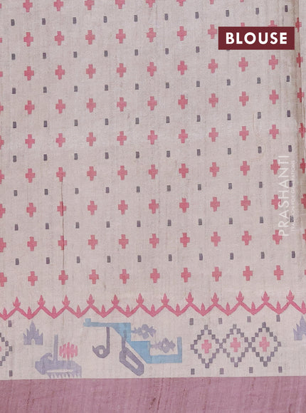 Art tussar saree rosy brown and cream with allover embroidery work and printed border