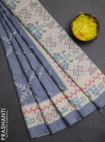 Art tussar saree grey and cream with allover embroidery work and printed border
