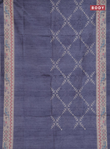 Art tussar saree grey and cream with allover embroidery work and printed border