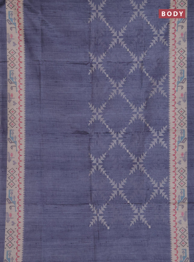 Art tussar saree grey and cream with allover embroidery work and printed border