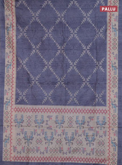 Art tussar saree grey and cream with allover embroidery work and printed border