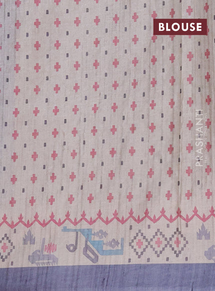 Art tussar saree grey and cream with allover embroidery work and printed border