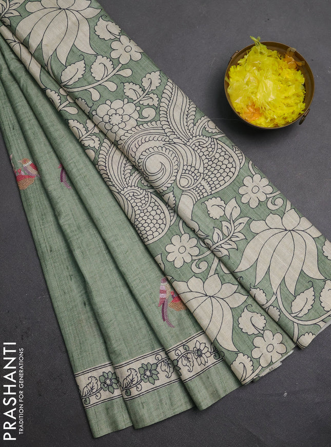 Art tussar saree pastel green and cream with embroidery work and printed border