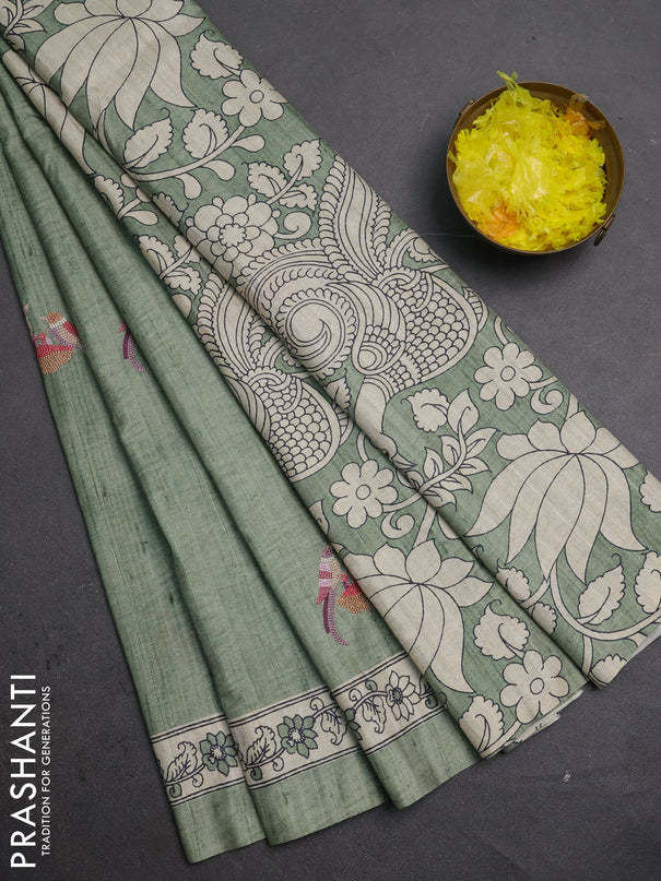 Art tussar saree pastel green and cream with embroidery work and printed border