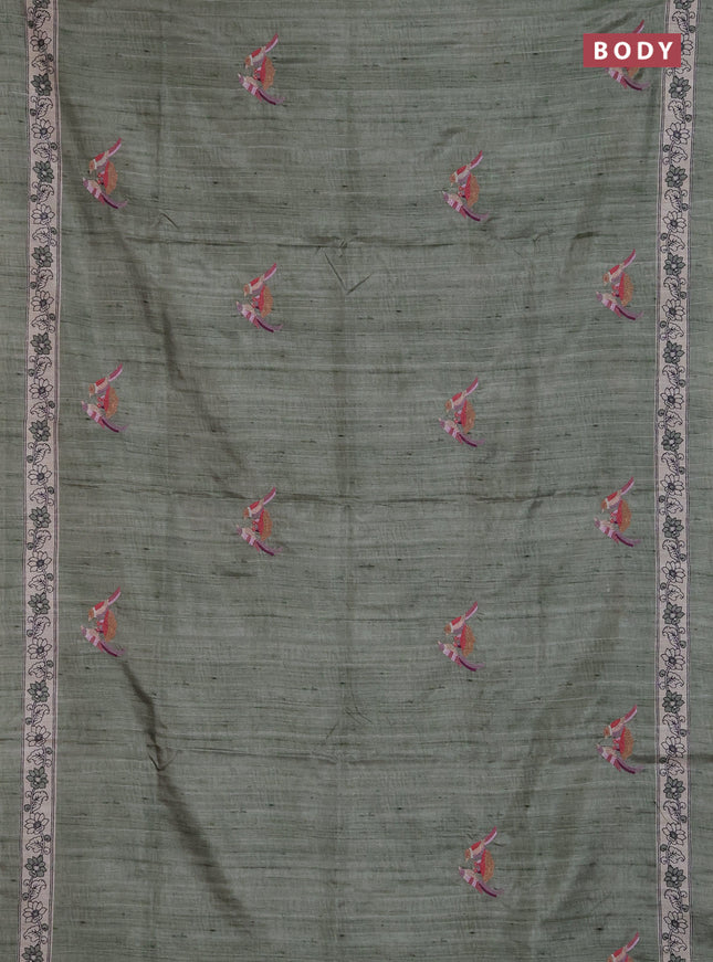 Art tussar saree pastel green and cream with embroidery work and printed border