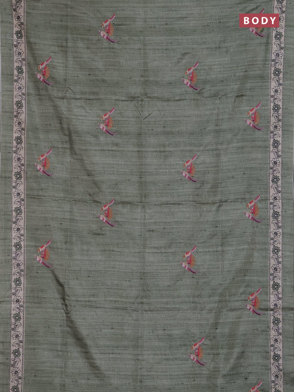 Art tussar saree pastel green and cream with embroidery work and printed border
