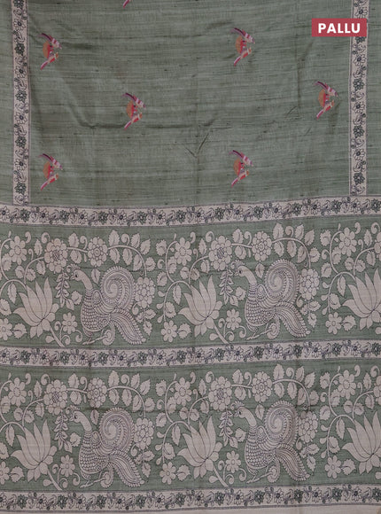 Art tussar saree pastel green and cream with embroidery work and printed border