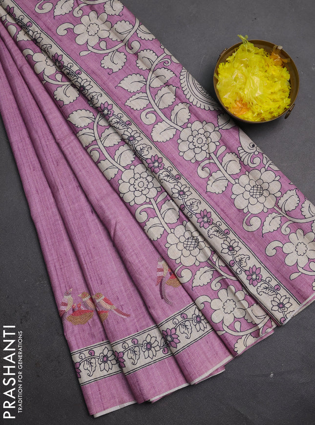 Art tussar saree purple and cream with embroidery work and printed border