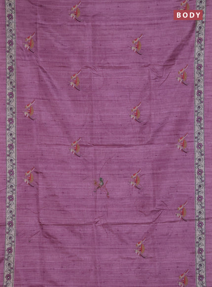 Art tussar saree purple and cream with embroidery work and printed border