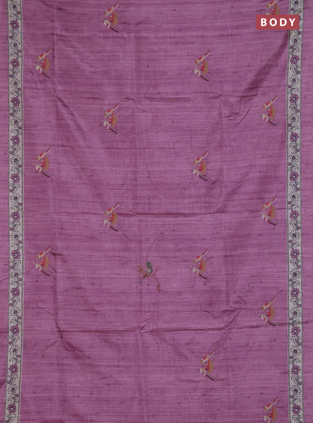 Art tussar saree purple and cream with embroidery work and printed border