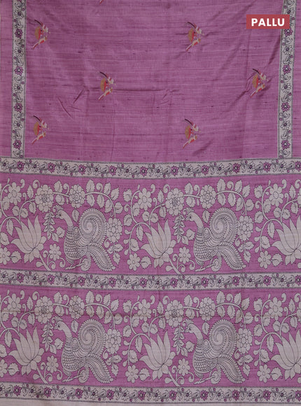 Art tussar saree purple and cream with embroidery work and printed border