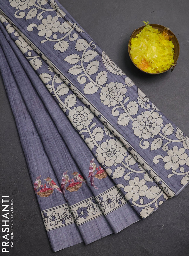 Art tussar saree dark grey and cream with embroidery work and printed border
