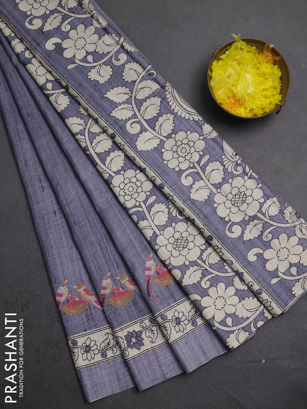 Art tussar saree dark grey and cream with embroidery work and printed border