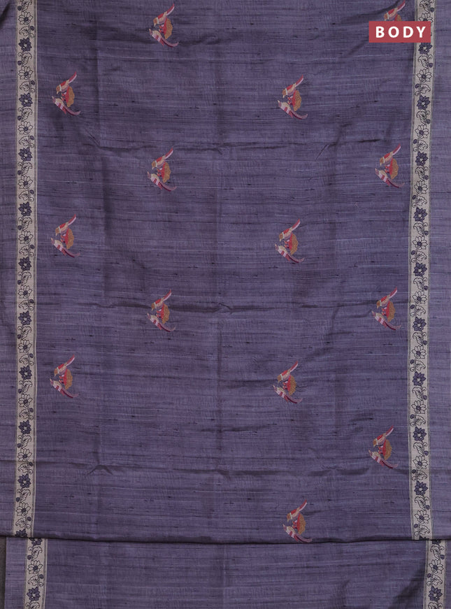 Art tussar saree dark grey and cream with embroidery work and printed border