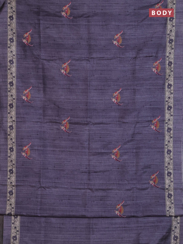 Art tussar saree dark grey and cream with embroidery work and printed border