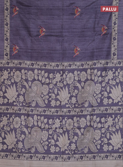 Art tussar saree dark grey and cream with embroidery work and printed border