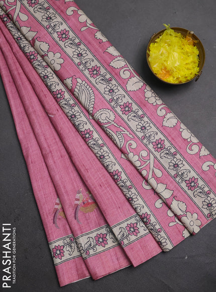 Art tussar saree peach pink and cream with embroidery work and printed border