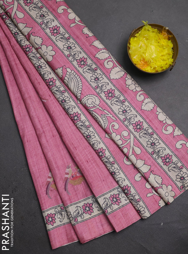 Art tussar saree peach pink and cream with embroidery work and printed border