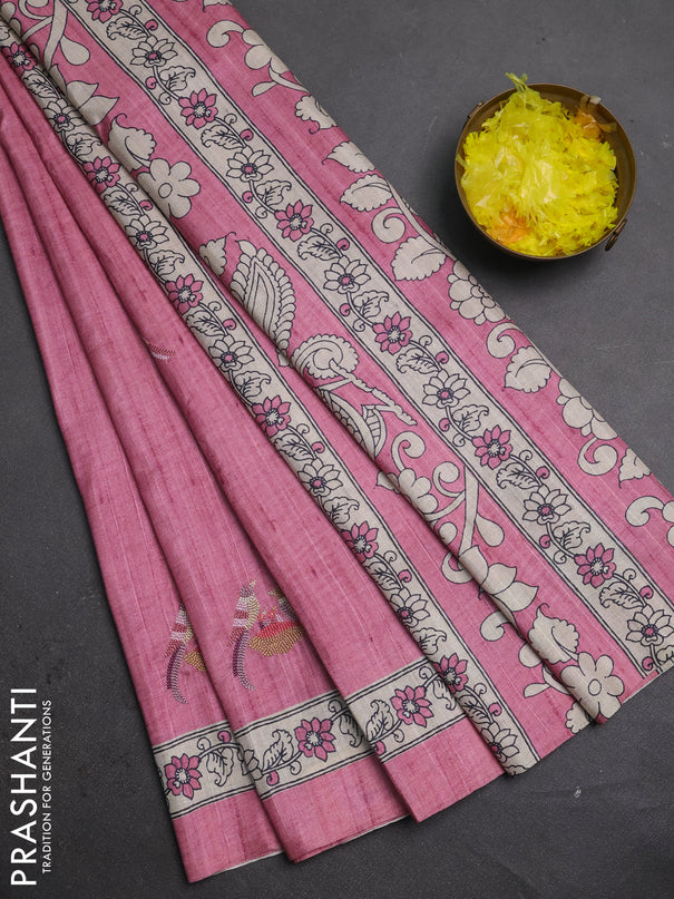 Art tussar saree peach pink and cream with embroidery work and printed border