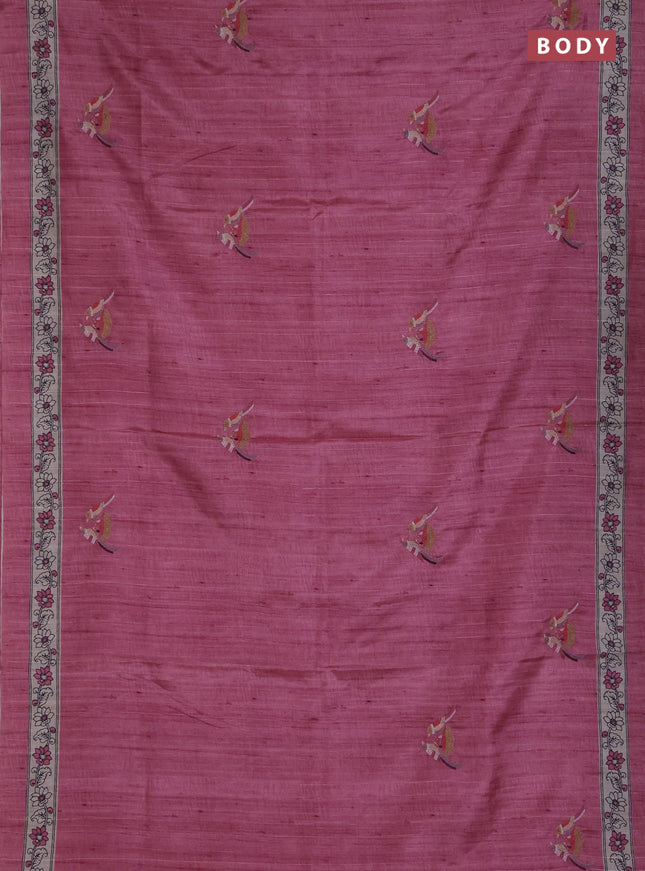 Art tussar saree peach pink and cream with embroidery work and printed border