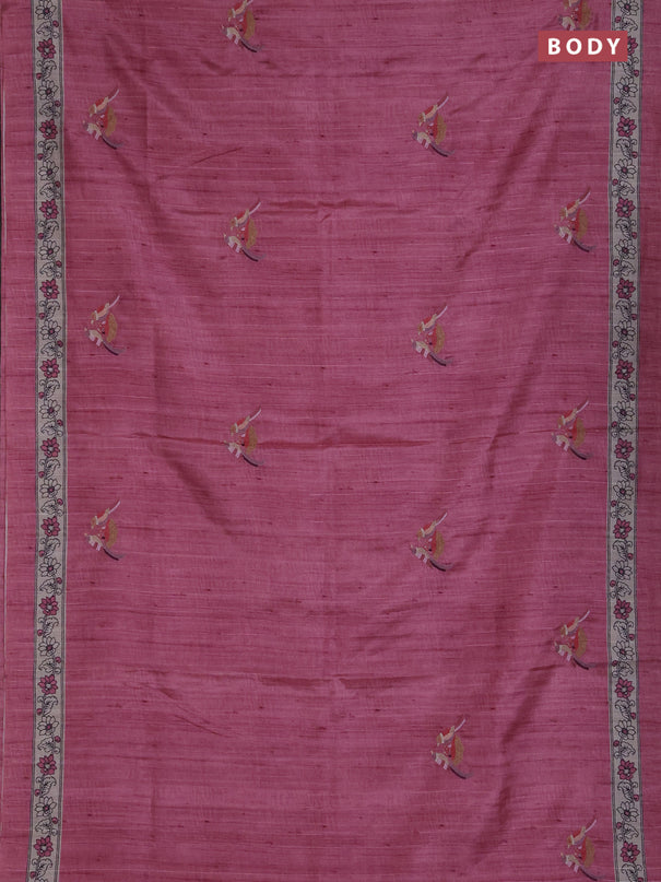 Art tussar saree peach pink and cream with embroidery work and printed border