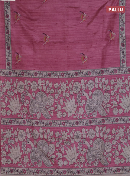 Art tussar saree peach pink and cream with embroidery work and printed border
