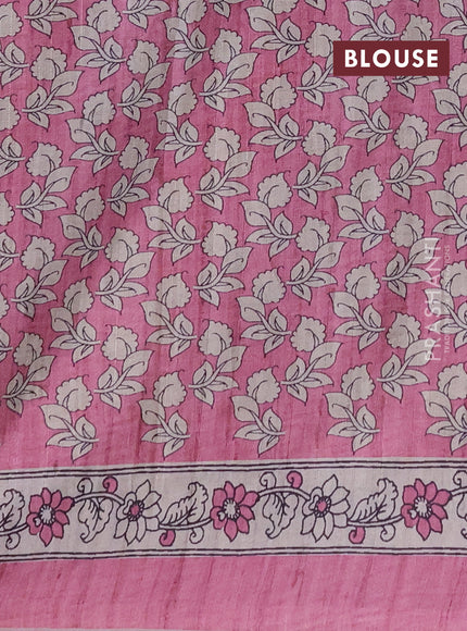Art tussar saree peach pink and cream with embroidery work and printed border