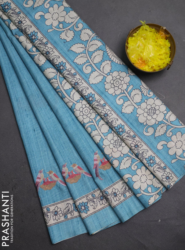 Art tussar saree teal blue and cream with embroidery work and printed border
