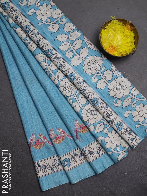 Art tussar saree teal blue and cream with embroidery work and printed border