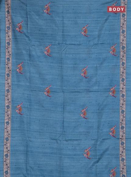 Art tussar saree teal blue and cream with embroidery work and printed border