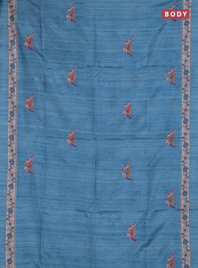 Art tussar saree teal blue and cream with embroidery work and printed border