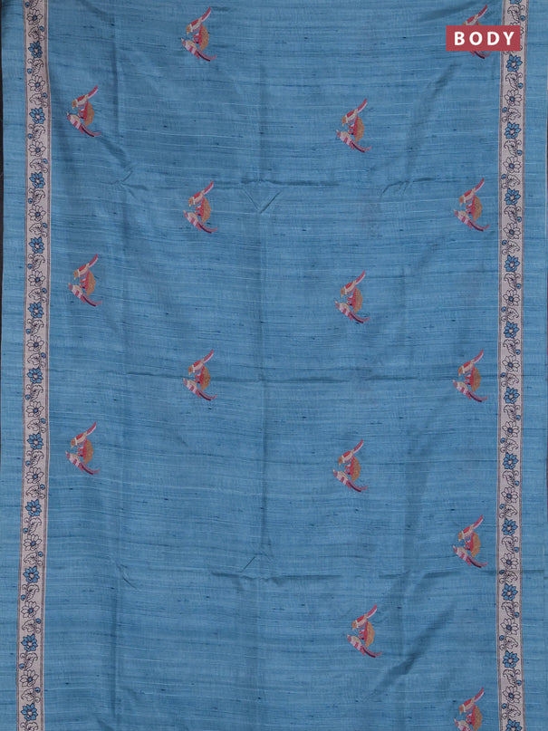 Art tussar saree teal blue and cream with embroidery work and printed border