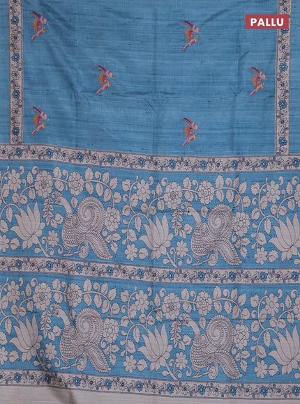 Art tussar saree teal blue and cream with embroidery work and printed border