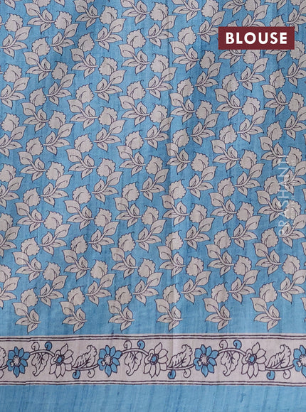 Art tussar saree teal blue and cream with embroidery work and printed border