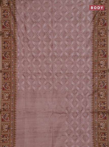 Art tussar saree beige and dark mustard with allover embroidery work and patola printed border