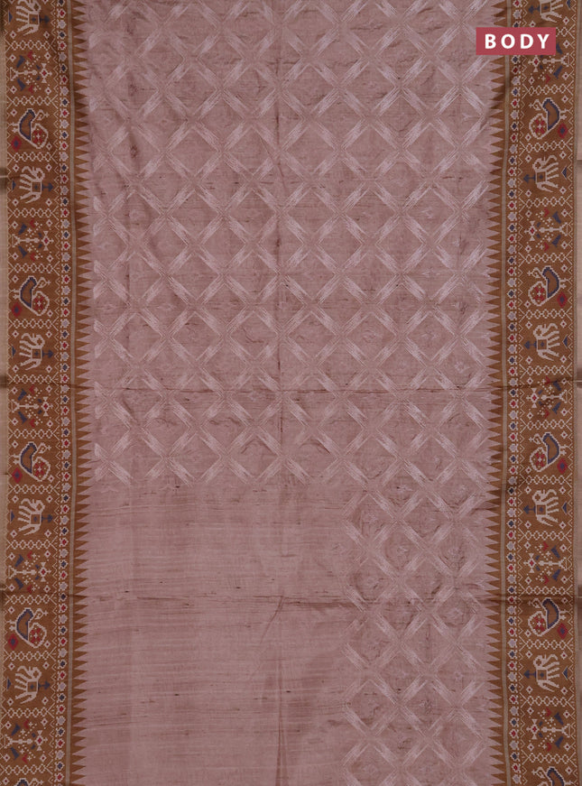 Art tussar saree beige and dark mustard with allover embroidery work and patola printed border