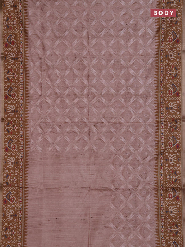 Art tussar saree beige and dark mustard with allover embroidery work and patola printed border