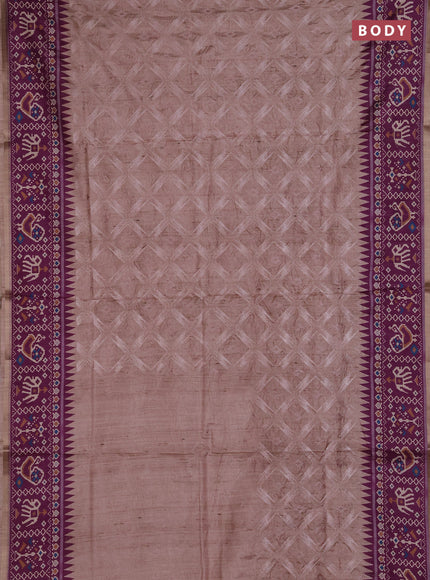 Art tussar saree beige and purple with allover embroidery work and patola printed border