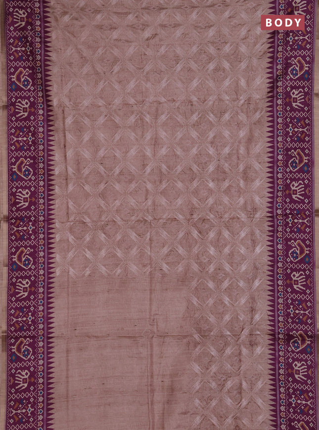 Art tussar saree beige and purple with allover embroidery work and patola printed border