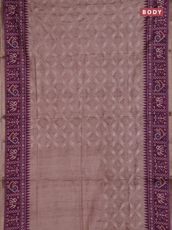 Art tussar saree beige and purple with allover embroidery work and patola printed border