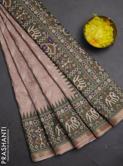 Art tussar saree beige and olive green with allover embroidery work and patola printed border