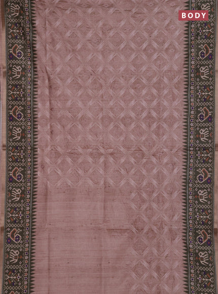 Art tussar saree beige and olive green with allover embroidery work and patola printed border
